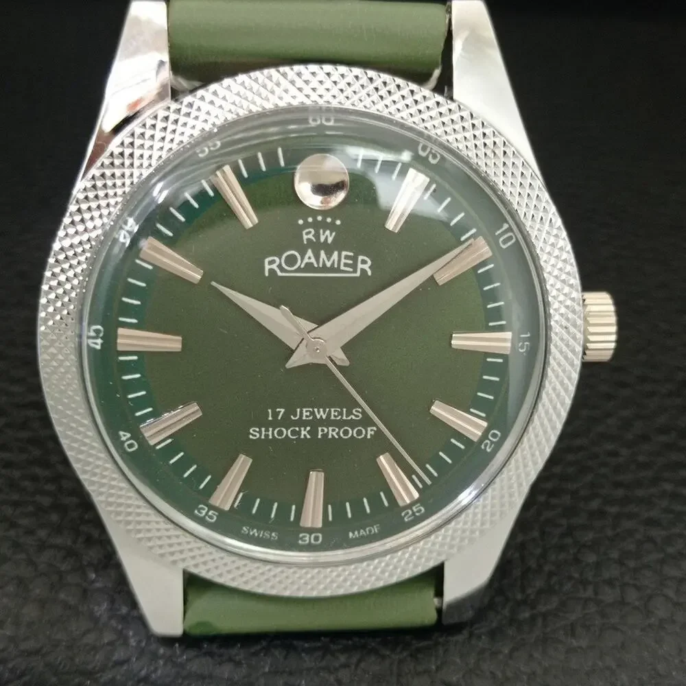 Vintage 1980 Roamer Manual Mens Silver Watch W/Leather Strap & Green accents